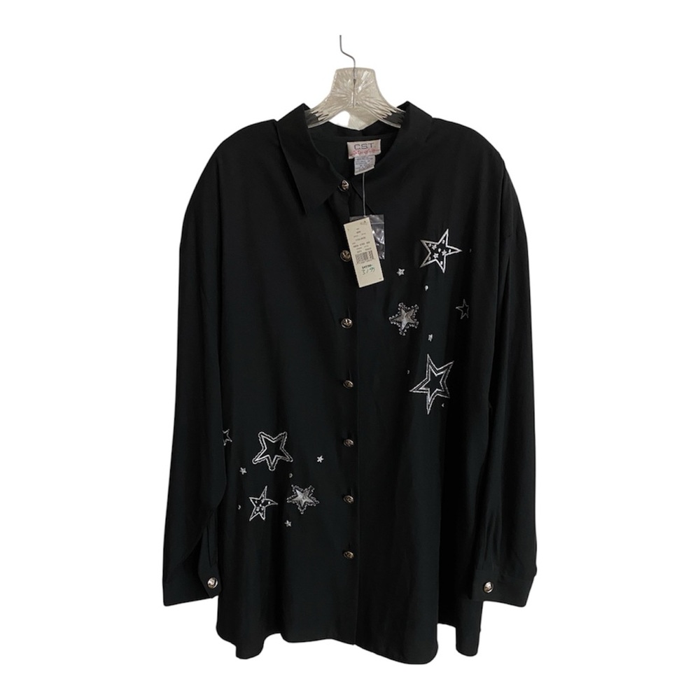 Black Button-Up Shirt with Silver and Star Embroidery